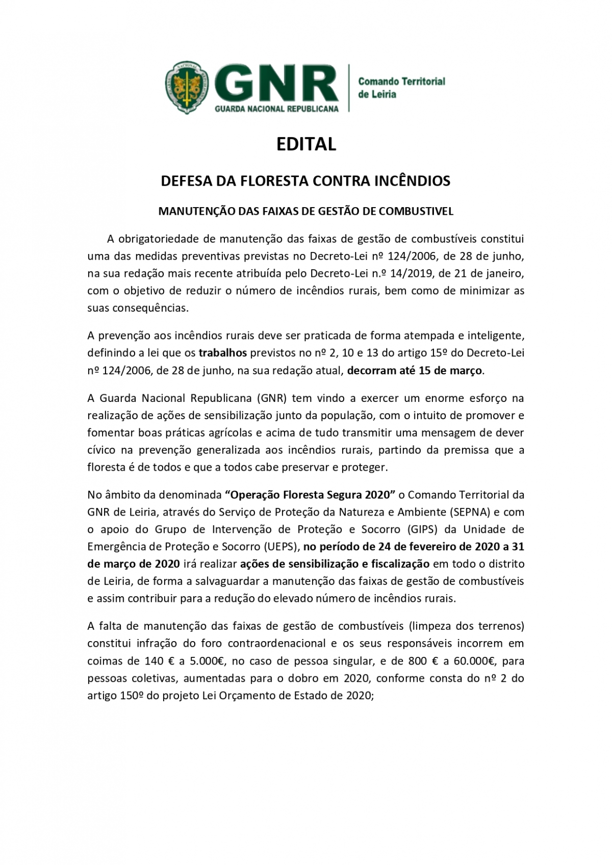 Aviso - Manutenção das Faixas de Gestão de Combustível